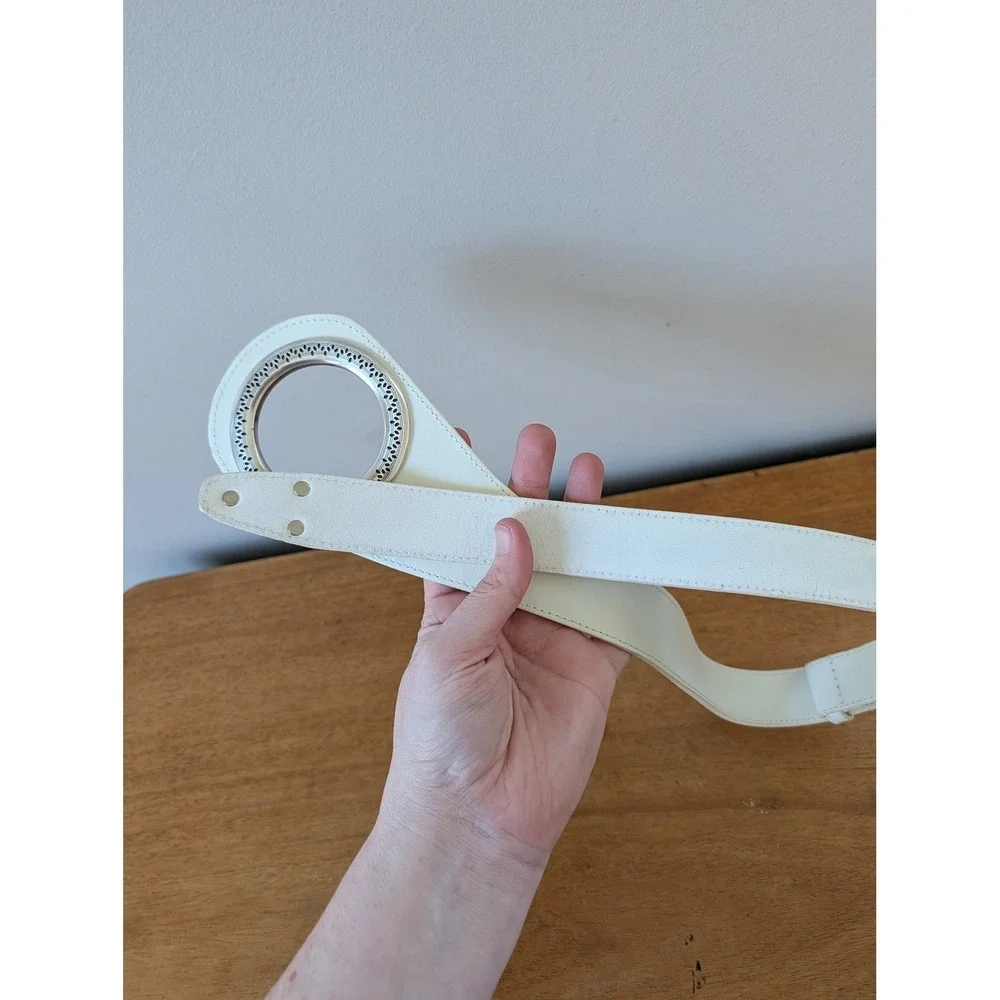 Vintage Y2K‎ White Leather Belt Silver Big Circle Belt Festival Western